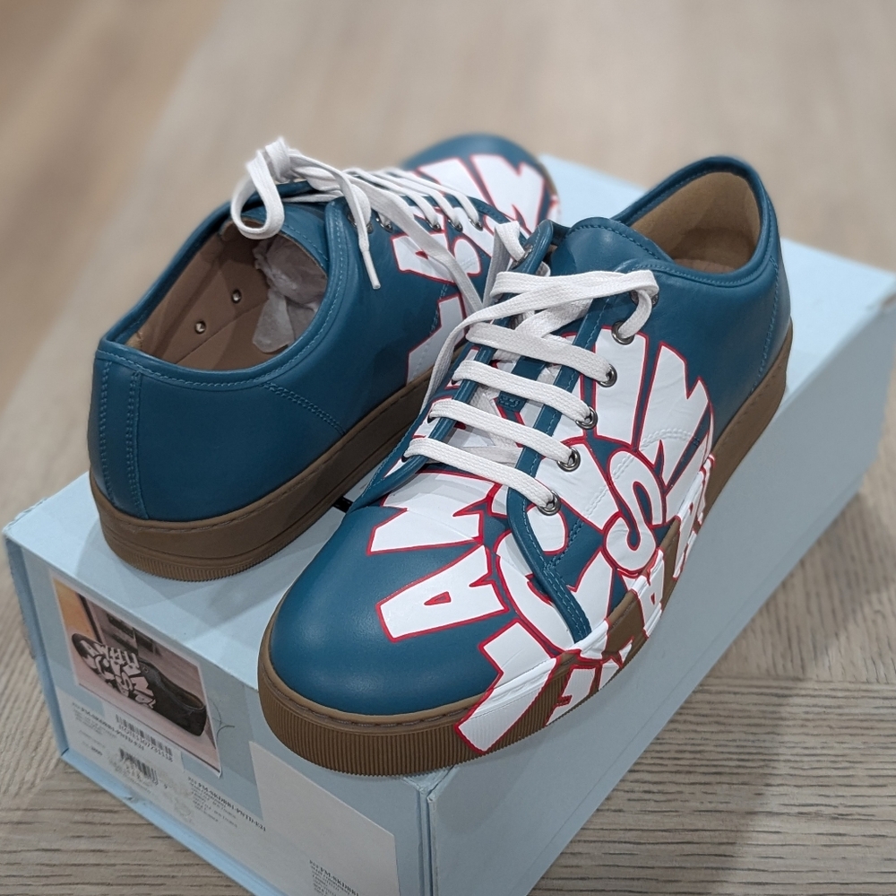 Lanvin Graphic Leather Low-Top Sneakers Teal/White UK 9 US 10